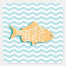 Goldfish on aqua blue chevron square stickers