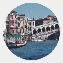 Gondola on the Grand Canal, Rialto Bridge, Venice, Round Sticker