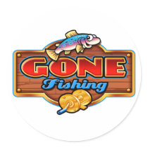 GONE FISHING ROUND STICKER