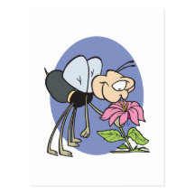 goofy bee smelling flower post card