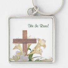 Gorgeous! Easter Lilies & Wooden Cross Key Ring Keychain