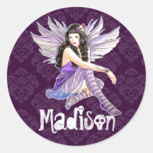 Gothic Purple Damask Fairy Personalized Round Sticker