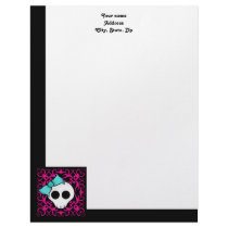 Gothic skull with blue blow on black and fuschia