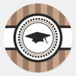 Graduation Cap Stripes Label (Brown) Round Stickers