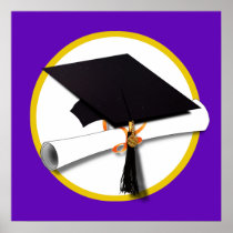 Graduation Cap w/Diploma - Purple Background Print
