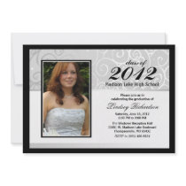 Graduation Invite -Photo Black White & Grey Swirl