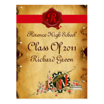 GRADUATION PARCHMENT AND RED WAX SEAL MONOGRAM POST CARD