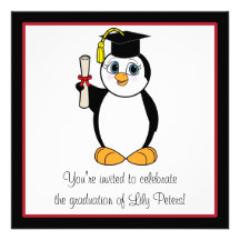 Graduation Party with Penguin with Red Ribbon Custom Announcements