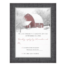 Grange rouge en hiver épousant la carte de RSVP Invitations Personnalisées
