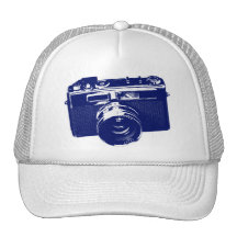 Graphic Retro Camera Design in Blue Mesh Hats