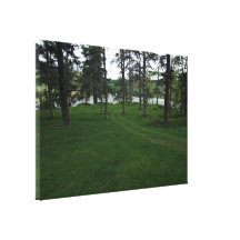 Grassy ground with trees and water stretched canvas print