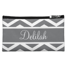 Gray Chevron Custom Name Cosmetic Bag