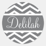 Gray Chevron Custom Name Round Stickers