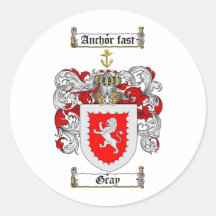 GRAY FAMILY CREST -  GRAY COAT OF ARMS ROUND STICKER