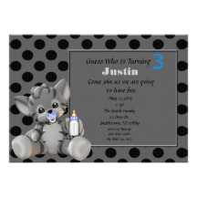Gray Stripe Kitten 3rd Birthday Invitation