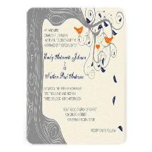 Gray Tree Orange Birds Navy Leaves Wedding Custom Invitations