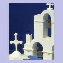 Greece, Santorini. View of a Greek church and posters