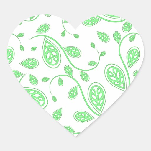 Green Abstract Vine Pattern on White Heart Stickers