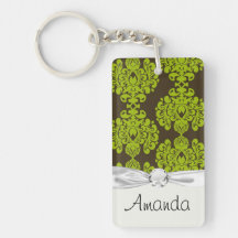 green and brown damask ornate pattern rectangle acrylic key chain