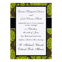 green and brown damask personalized invitations