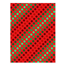 Green and brown dots on a red background postcards