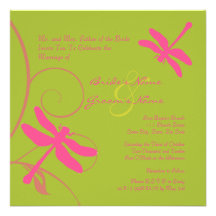 Green and Pink Dragonfly Wedding Invitation