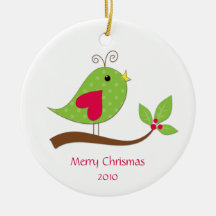 Green and Pink Polka Dot Love Bird on Branch Ornaments