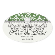 green and white bird damask pattern oval stickers