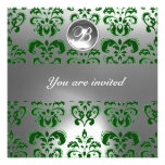 GREEN AND WHITE DAMASK GEM STONE MONOGRAM INVITATION