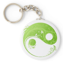 GREEN AND WHITE FLORAL YIN YANG SYMBOL KEY CHAIN