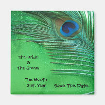 Green and White Peacock Wedding Magnets
