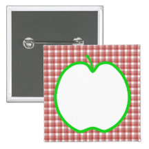 Green Apple with Red and White Check Pattern. Button