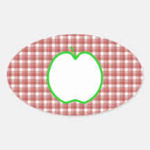 Green Apple with Red and White Check Pattern. Oval Sticker