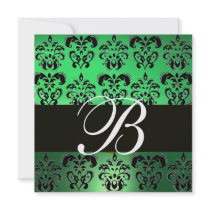 GREEN BLACK  DAMASK MONOGRAM , white Personalized Invitations