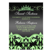 Green/Black Sweet16 Damask & Tiara Birthday Invite