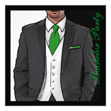 Green black white tuxedo bachelor party invites