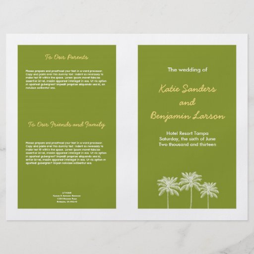 Green block palm trees summer wedding program flyer