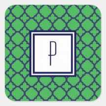 Green Blue Quatrefoil Monogram Stickers