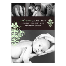 Green & Brown Damask Birth Announcement