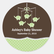 Green & Brown Elephant Mobile Baby Shower Round Sticker