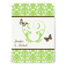 Green, Brown Heart, Butterflies Wedding Invitation