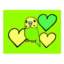 Green Budgie with Hearts Postcard
