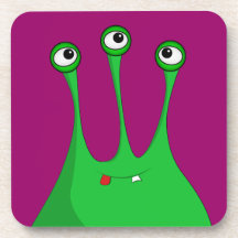 Green cartoon alien beverage coasters