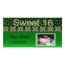 Green Cheetah & Glitter Flowers Customized Photo Card