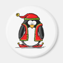 Green Christmas Elf Penguin Refrigerator Magnets
