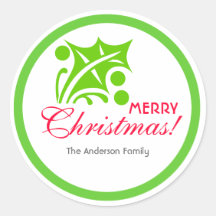 Green Christmas Holly Leaf Round Sticker