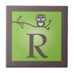 Green Cute Owl Monogram Trivet Tile