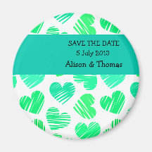 Green cyan white hearts 'Save the date' magnet