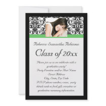 Green Damask Black/White Graduation Personalized Invitations