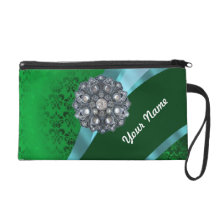 Green damask & crystal wristlet purses